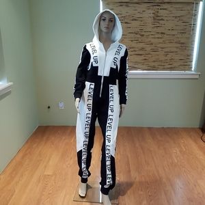 Akira Color Block Hooded Zipper Jumpsuit L